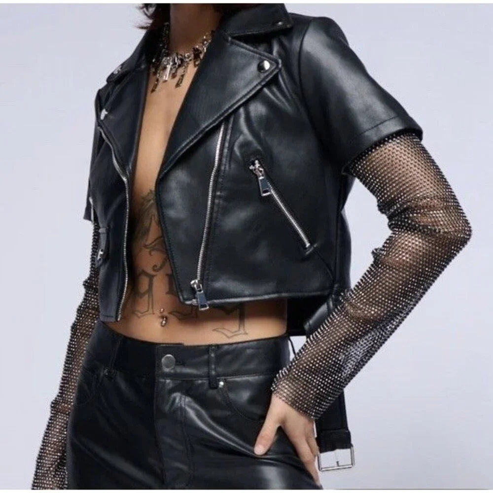 AZALEA WANG RHINESTONE BLING CROP MOTO JACKET SZ LARGE NWT - Picture 1 of 5